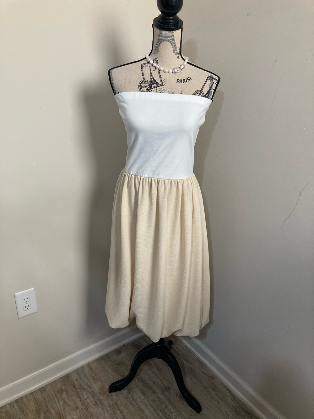 Elegant Strapless White Bodice with Cream Midi Skirt Dress